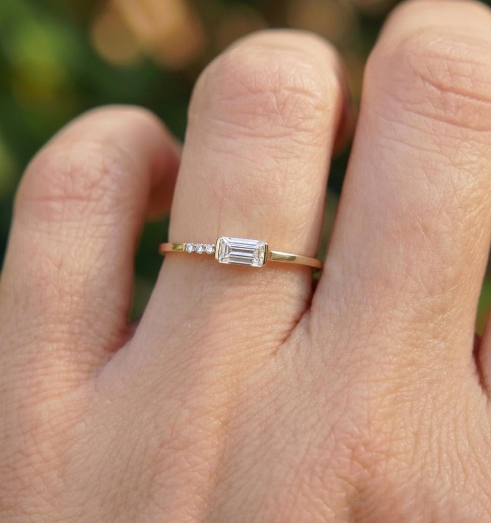 Dainty Baguette Lab Grown Diamond Ring, Minimalist April Birthstone Ring, Promise Ring, Stackable Ring