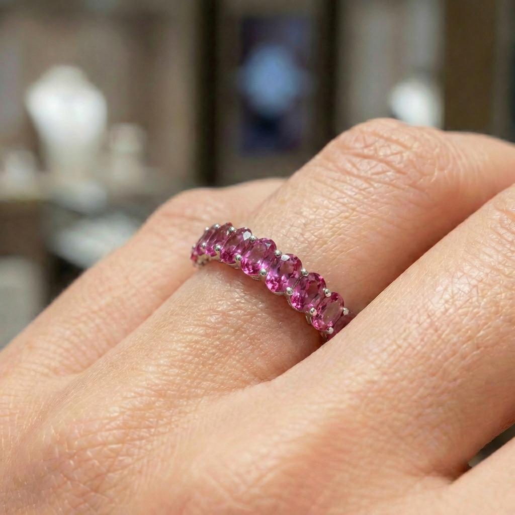 2.1CT Oval Pink Tourmaline Wedding Band, Shared Prong Pink Tourmaline Ring, Almost Eternity Ring, Classic Stackable October Birthstone Band