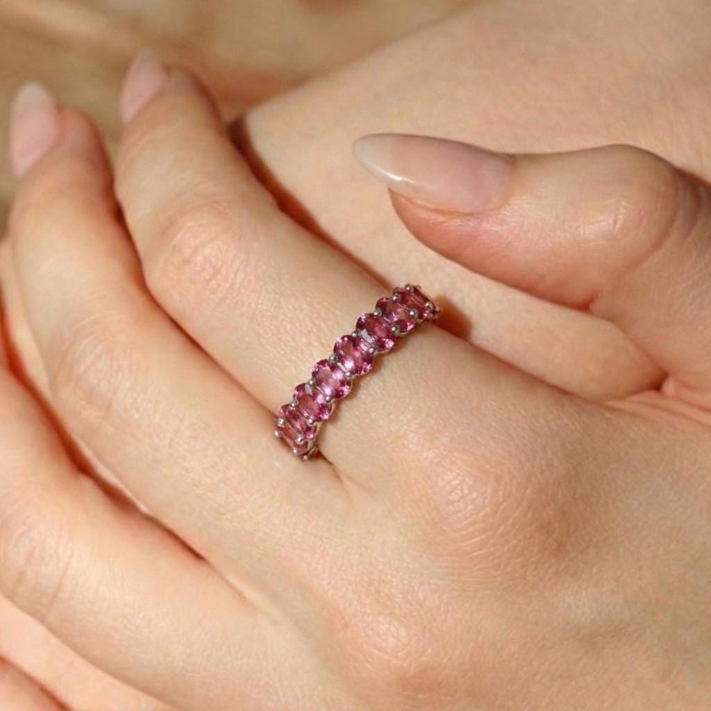 2.1CT Oval Pink Tourmaline Wedding Band, Shared Prong Pink Tourmaline Ring, Almost Eternity Ring, Classic Stackable October Birthstone Band