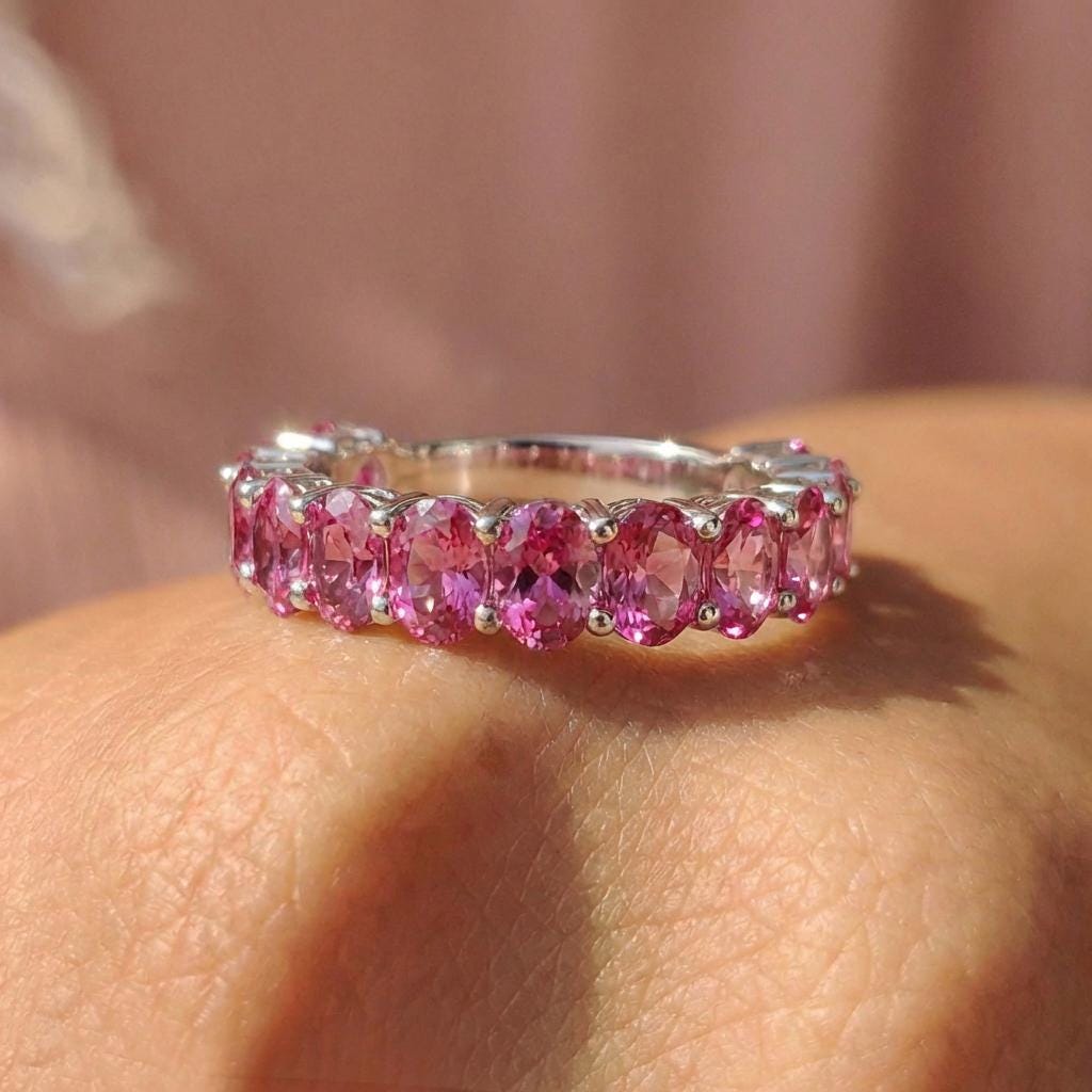 2.1CT Oval Pink Tourmaline Wedding Band, Shared Prong Pink Tourmaline Ring, Almost Eternity Ring, Classic Stackable October Birthstone Band