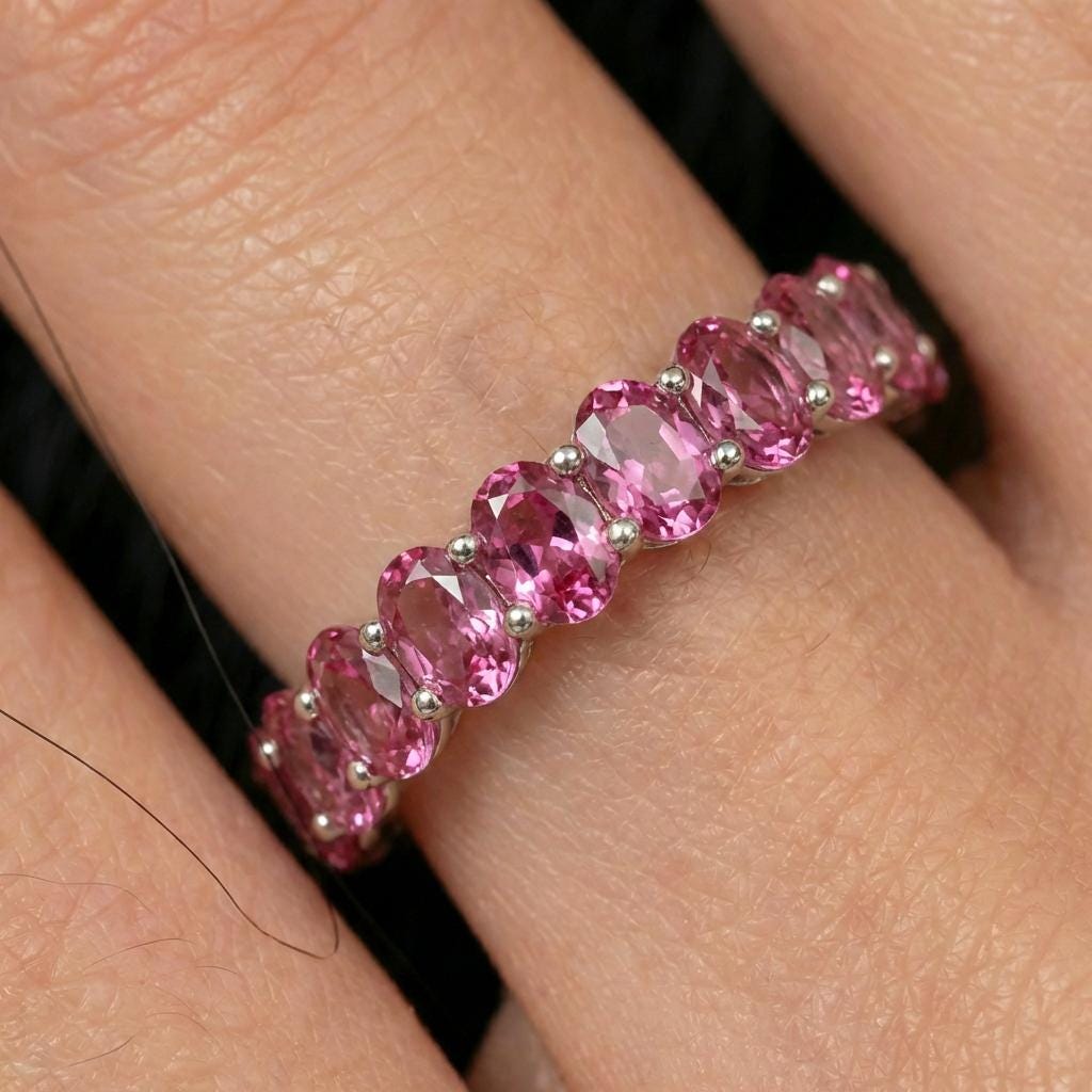 2.1CT Oval Pink Tourmaline Wedding Band, Shared Prong Pink Tourmaline Ring, Almost Eternity Ring, Classic Stackable October Birthstone Band