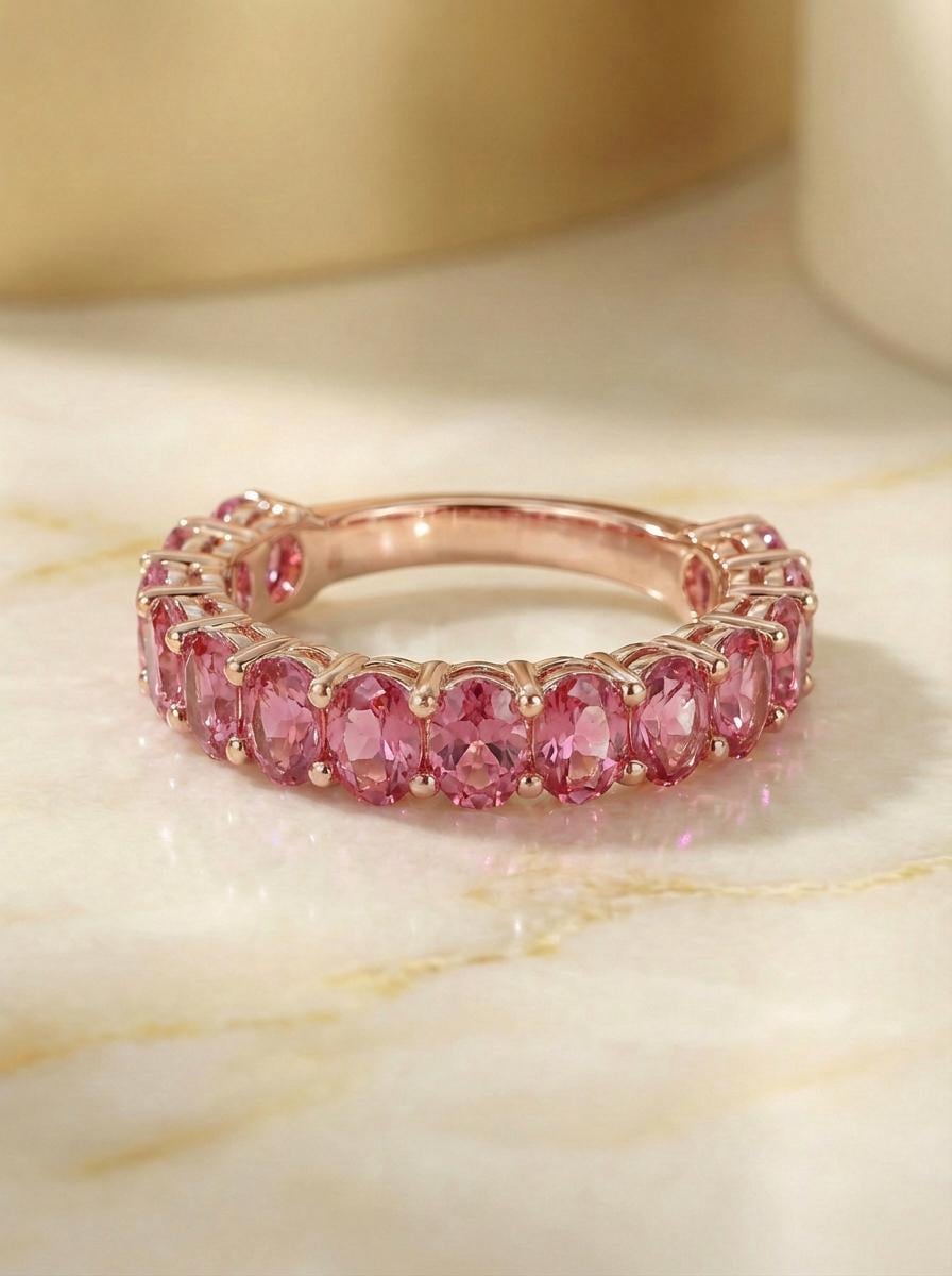 2.1CT Oval Pink Tourmaline Wedding Band, Shared Prong Pink Tourmaline Ring, Almost Eternity Ring, Classic Stackable October Birthstone Band