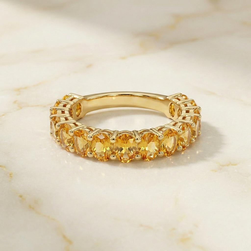 2.1CT Oval Citrine Wedding Band, Shared Prong Citrine Ring, Almost Eternity Ring, Classic Stackable November Birthstone Band
