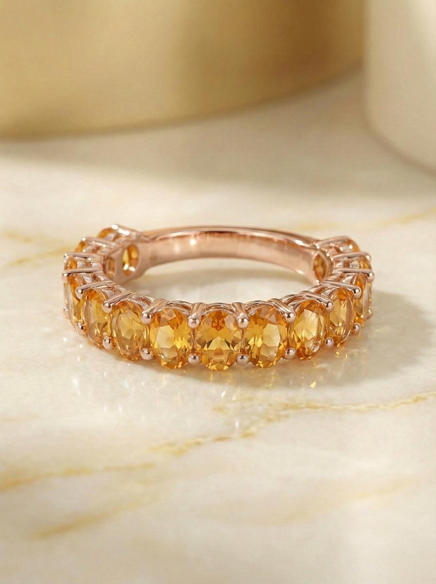 2.1CT Oval Citrine Wedding Band, Shared Prong Citrine Ring, Almost Eternity Ring, Classic Stackable November Birthstone Band