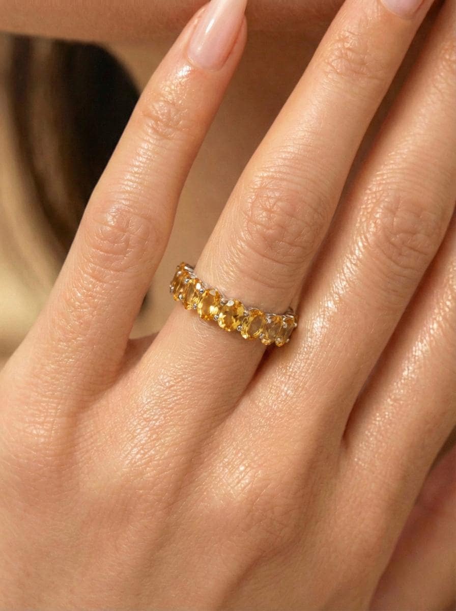 2.1CT Oval Citrine Wedding Band, Shared Prong Citrine Ring, Almost Eternity Ring, Classic Stackable November Birthstone Band