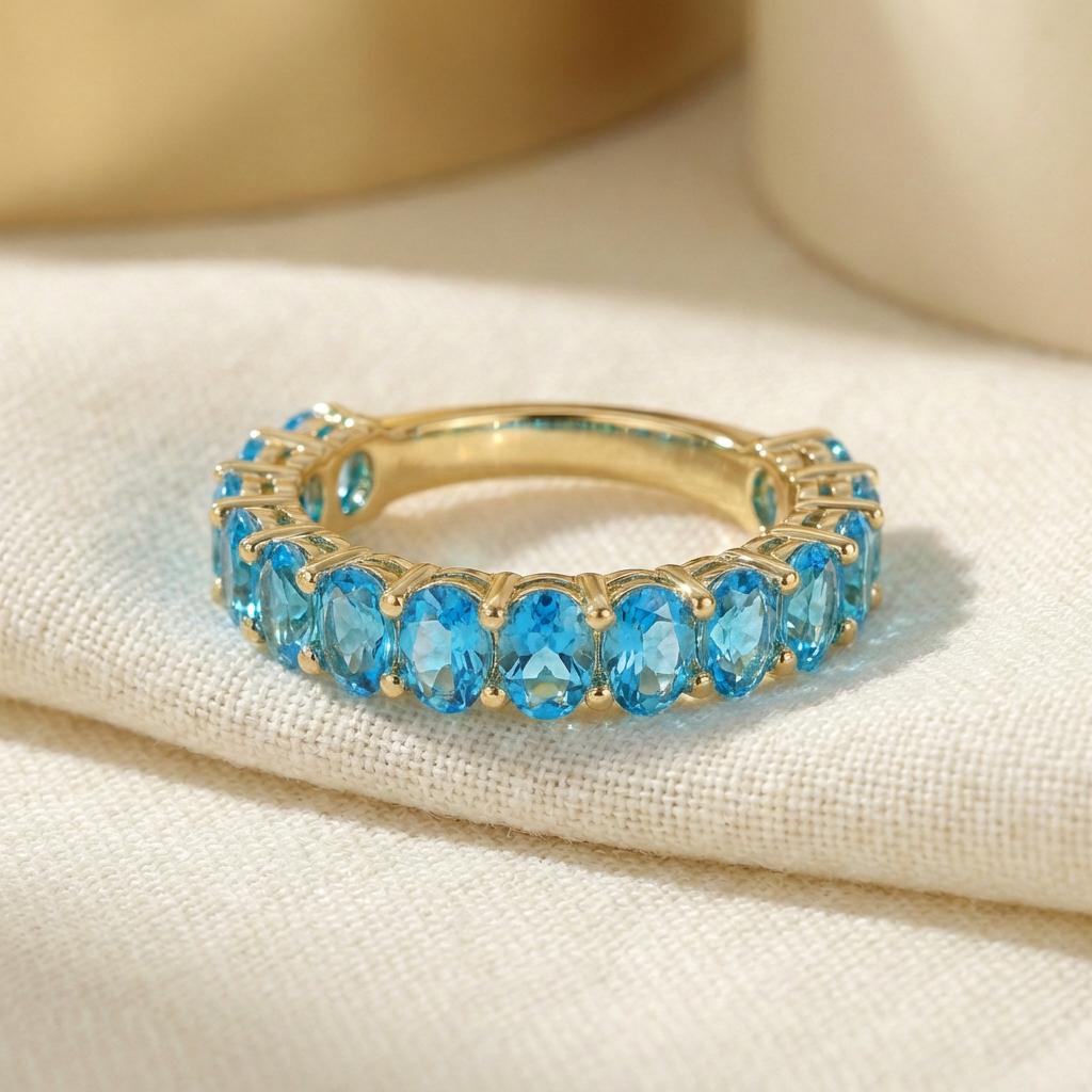 2.1CT Oval Blue Zircon Wedding Band, Shared Prong Blue Zircon Ring, Almost Eternity Ring, Classic Stackable December Birthstone Band