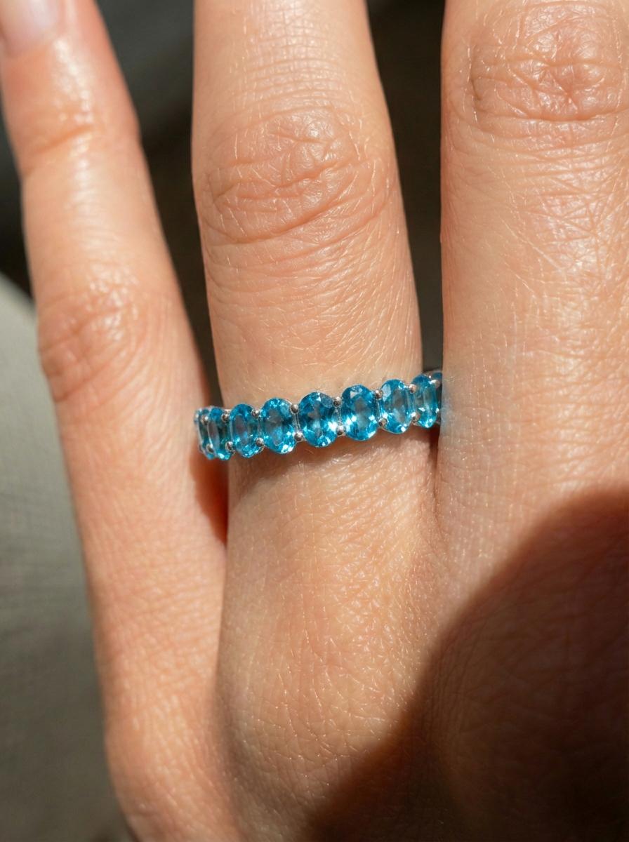 2.1CT Oval Blue Zircon Wedding Band, Shared Prong Blue Zircon Ring, Almost Eternity Ring, Classic Stackable December Birthstone Band