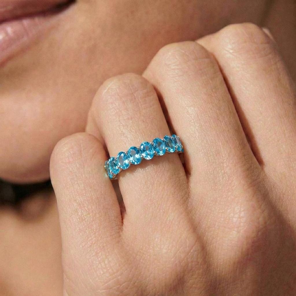 2.1CT Oval Blue Zircon Wedding Band, Shared Prong Blue Zircon Ring, Almost Eternity Ring, Classic Stackable December Birthstone Band