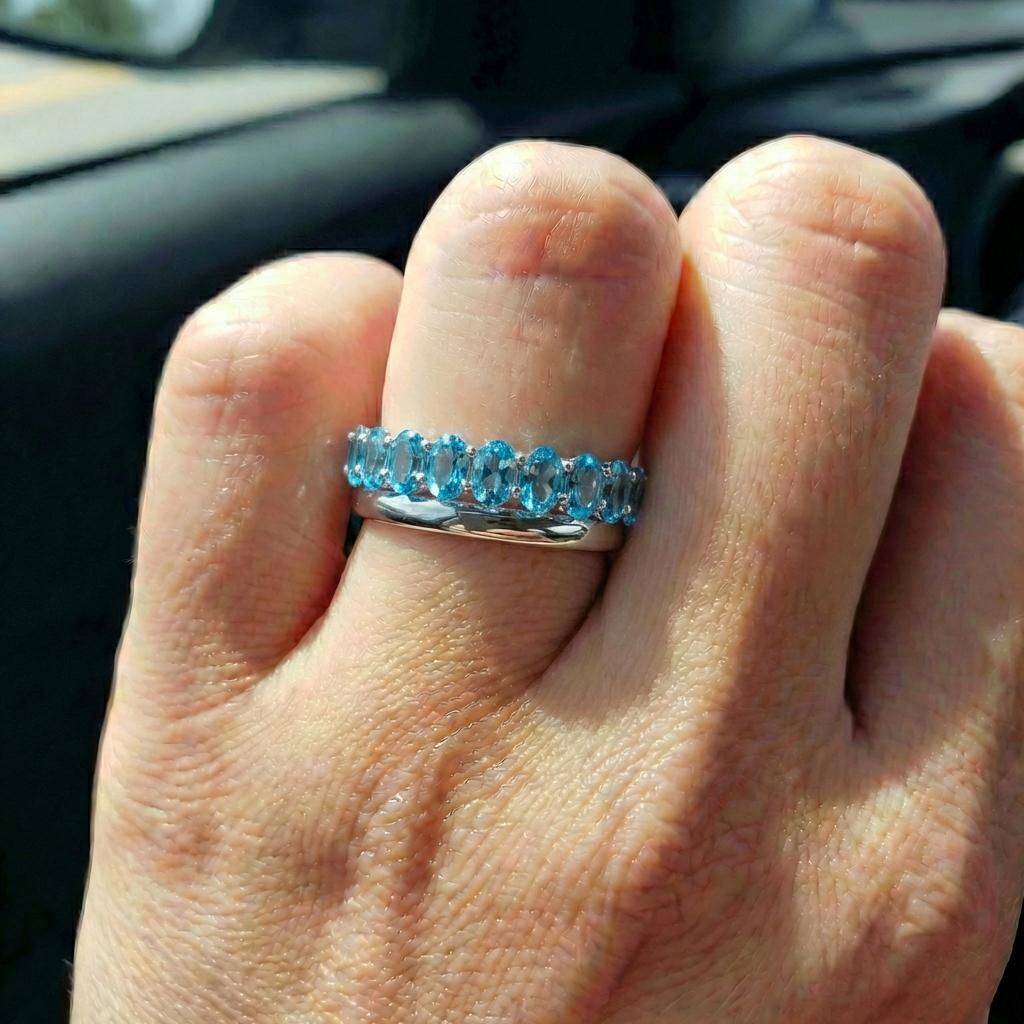 2.1CT Oval Blue Zircon Wedding Band, Shared Prong Blue Zircon Ring, Almost Eternity Ring, Classic Stackable December Birthstone Band