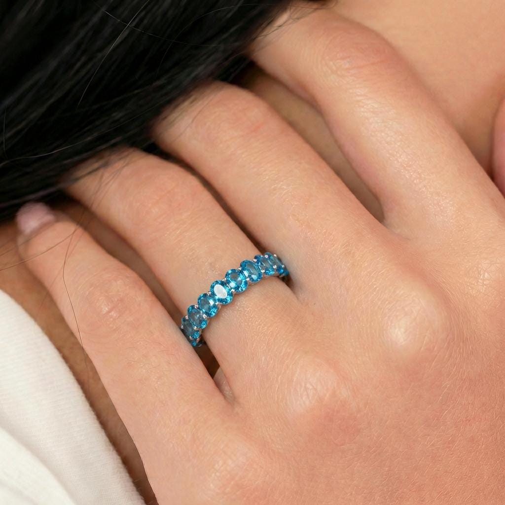2.1CT Oval Blue Zircon Wedding Band, Shared Prong Blue Zircon Ring, Almost Eternity Ring, Classic Stackable December Birthstone Band