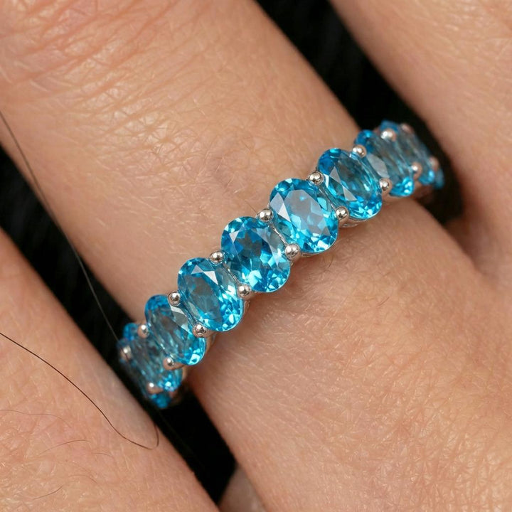 2.1CT Oval Blue Zircon Wedding Band, Shared Prong Blue Zircon Ring, Almost Eternity Ring, Classic Stackable December Birthstone Band