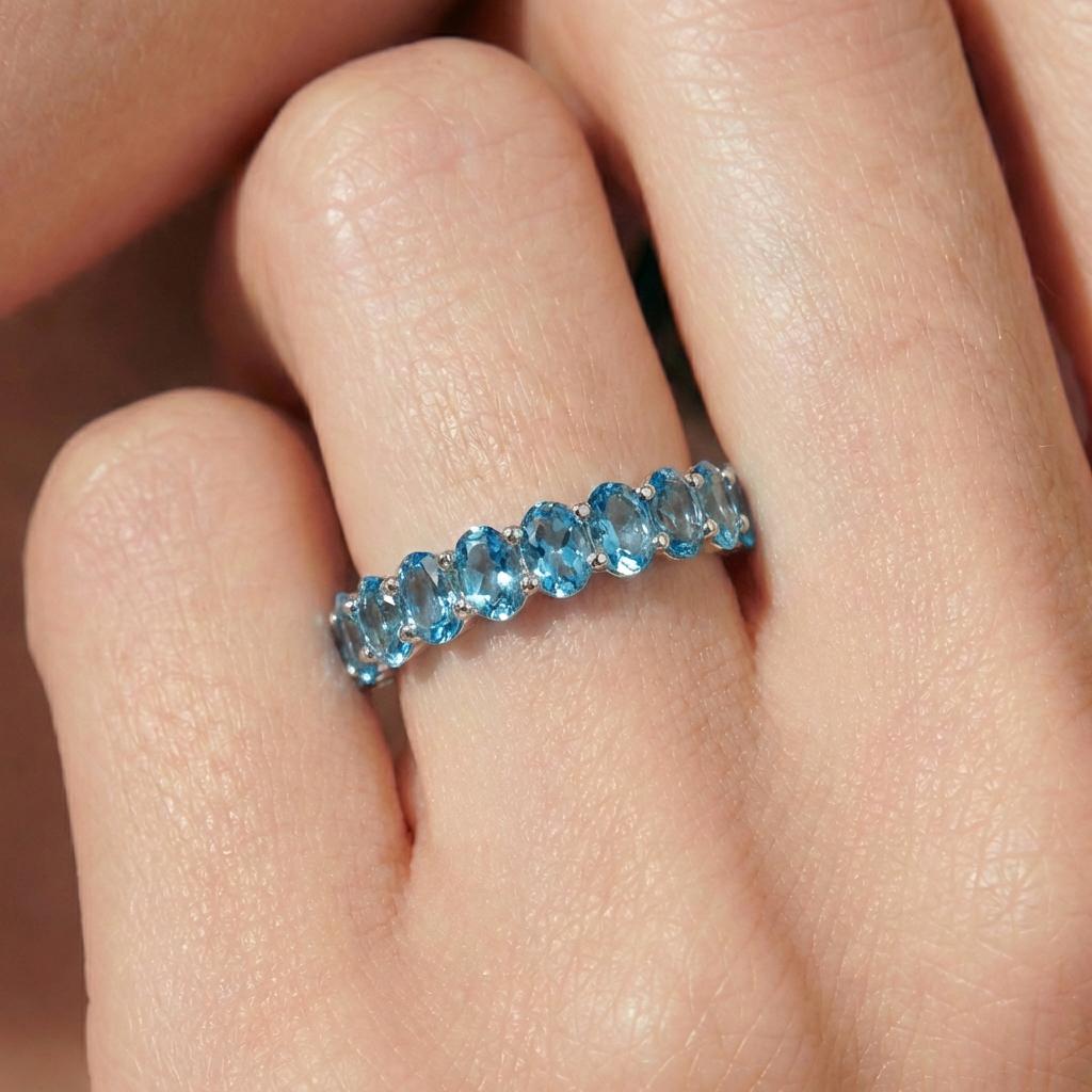 2.1CT Oval Blue Zircon Wedding Band, Shared Prong Blue Zircon Ring, Almost Eternity Ring, Classic Stackable December Birthstone Band