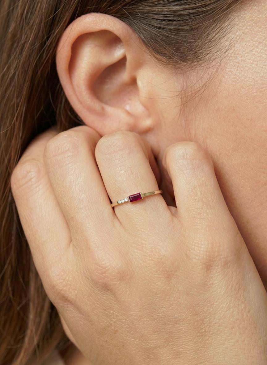 Dainty Baguette Ruby Ring, Minimalist July Birthstone Ring, Personalized Red Gemstone Gift for Her, Mother's Day Gift
