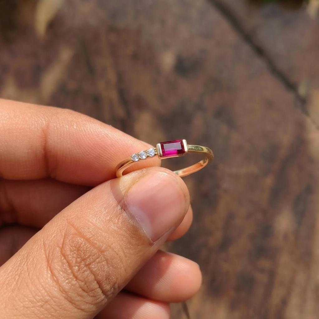 Dainty Baguette Ruby Ring, Minimalist July Birthstone Ring, Personalized Red Gemstone Gift for Her, Mother's Day Gift