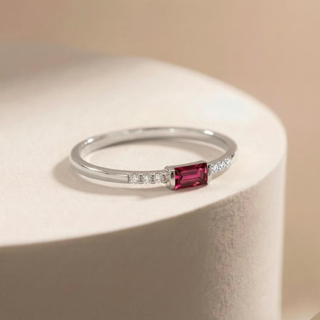 Dainty Baguette Ruby Ring, Minimalist July Birthstone Ring, Personalized Red Gemstone Gift for Her, Mother's Day Gift