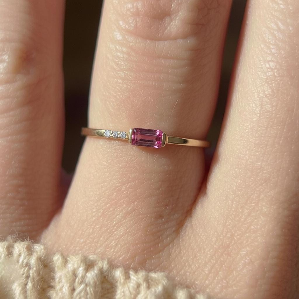 Dainty Baguette Pink Tourmaline Ring, Minimalist October Birthstone Ring Stackable Band, Pink Gemstone, Birthday Gift