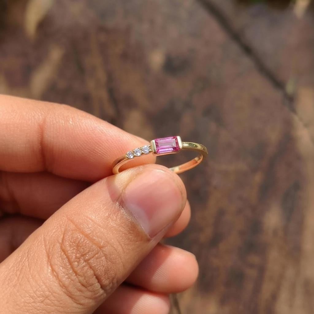 Dainty Baguette Pink Tourmaline Ring, Minimalist October Birthstone Ring Stackable Band, Pink Gemstone, Birthday Gift