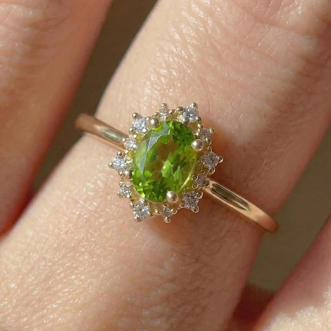Oval Peridot Engagement Ring, Vintage Cluster Halo Promise Ring, Custom Gemstone Wedding Jewelry, August Birthstone