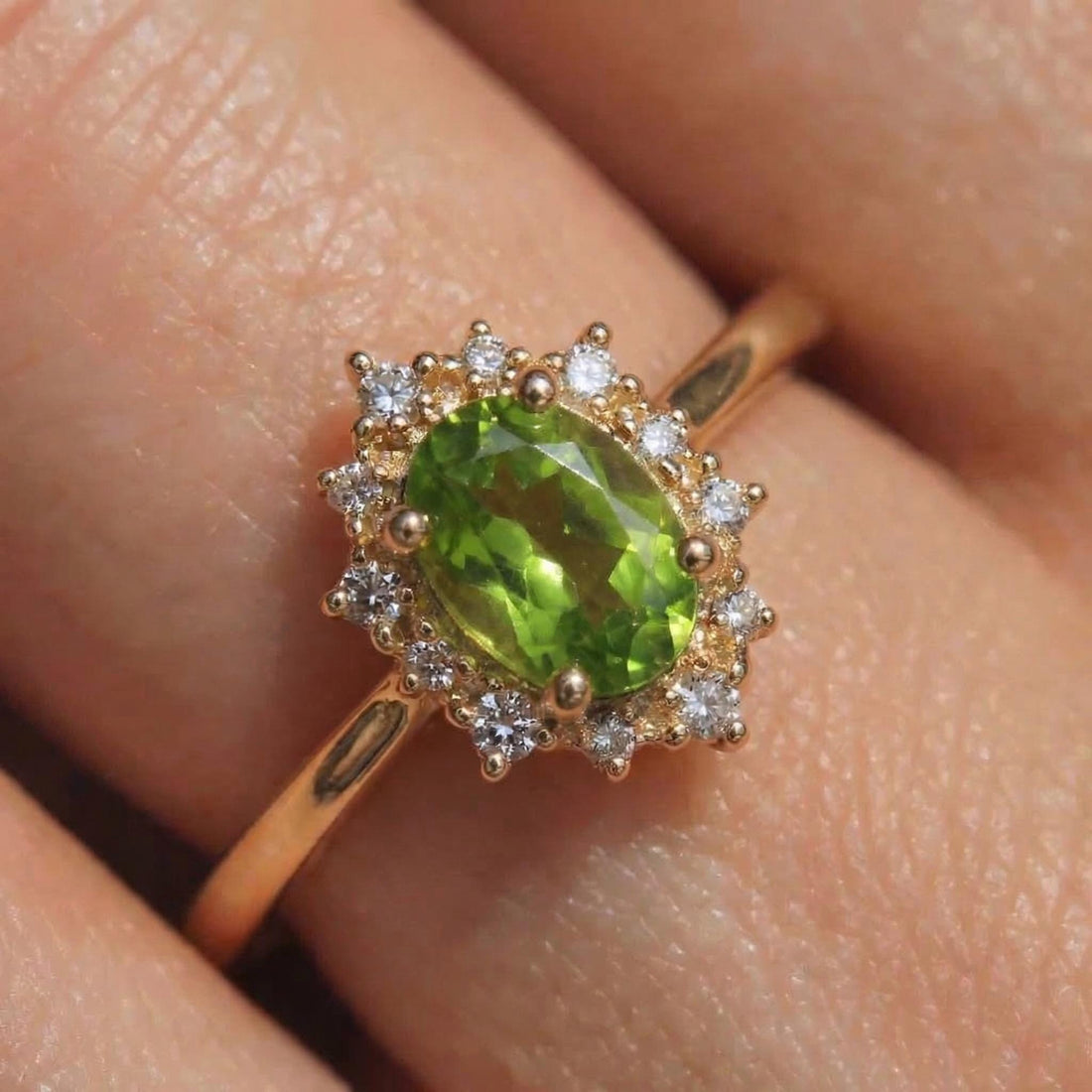 Oval Peridot Engagement Ring, Vintage Cluster Halo Promise Ring, Custom Gemstone Wedding Jewelry, August Birthstone