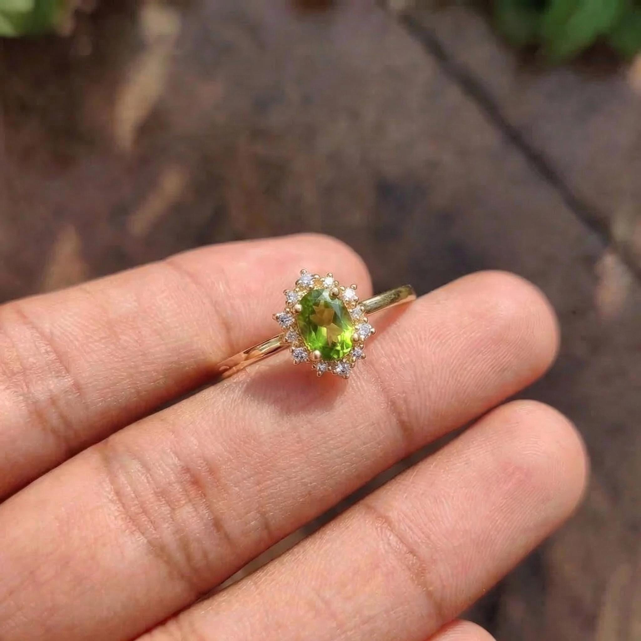 Oval Peridot Engagement Ring, Vintage Cluster Halo Promise Ring, Custom Gemstone Wedding Jewelry, August Birthstone