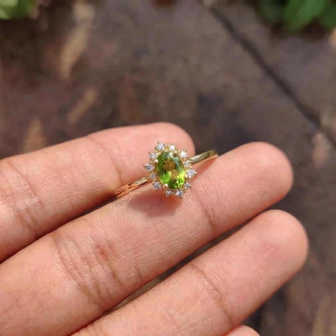 Oval Peridot Engagement Ring, Vintage Cluster Halo Promise Ring, Custom Gemstone Wedding Jewelry, August Birthstone