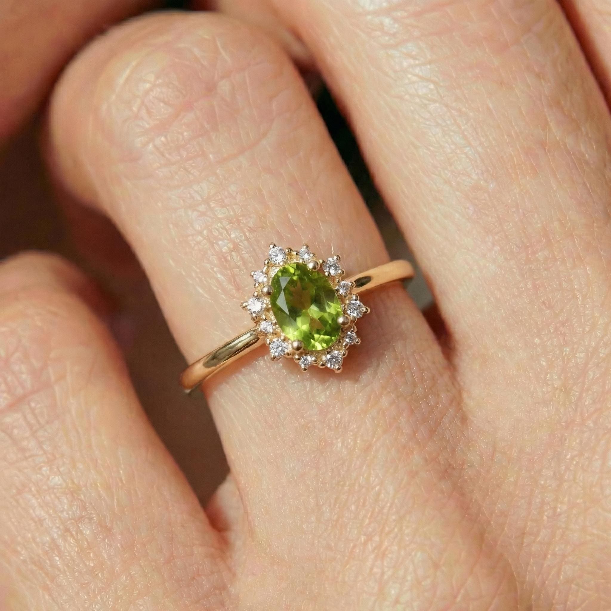 Oval Peridot Engagement Ring, Vintage Cluster Halo Promise Ring, Custom Gemstone Wedding Jewelry, August Birthstone