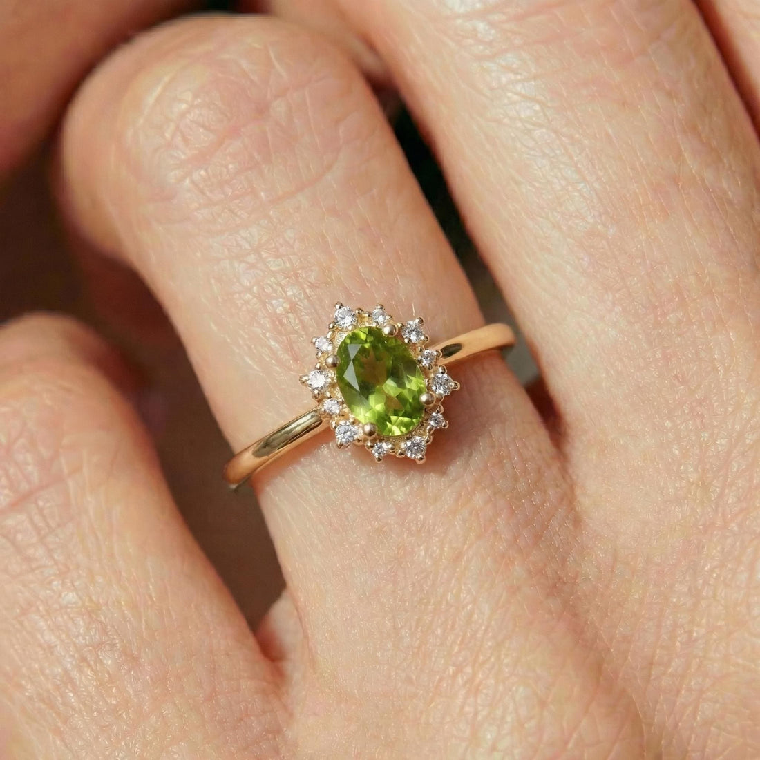 Oval Peridot Engagement Ring, Vintage Cluster Halo Promise Ring, Custom Gemstone Wedding Jewelry, August Birthstone