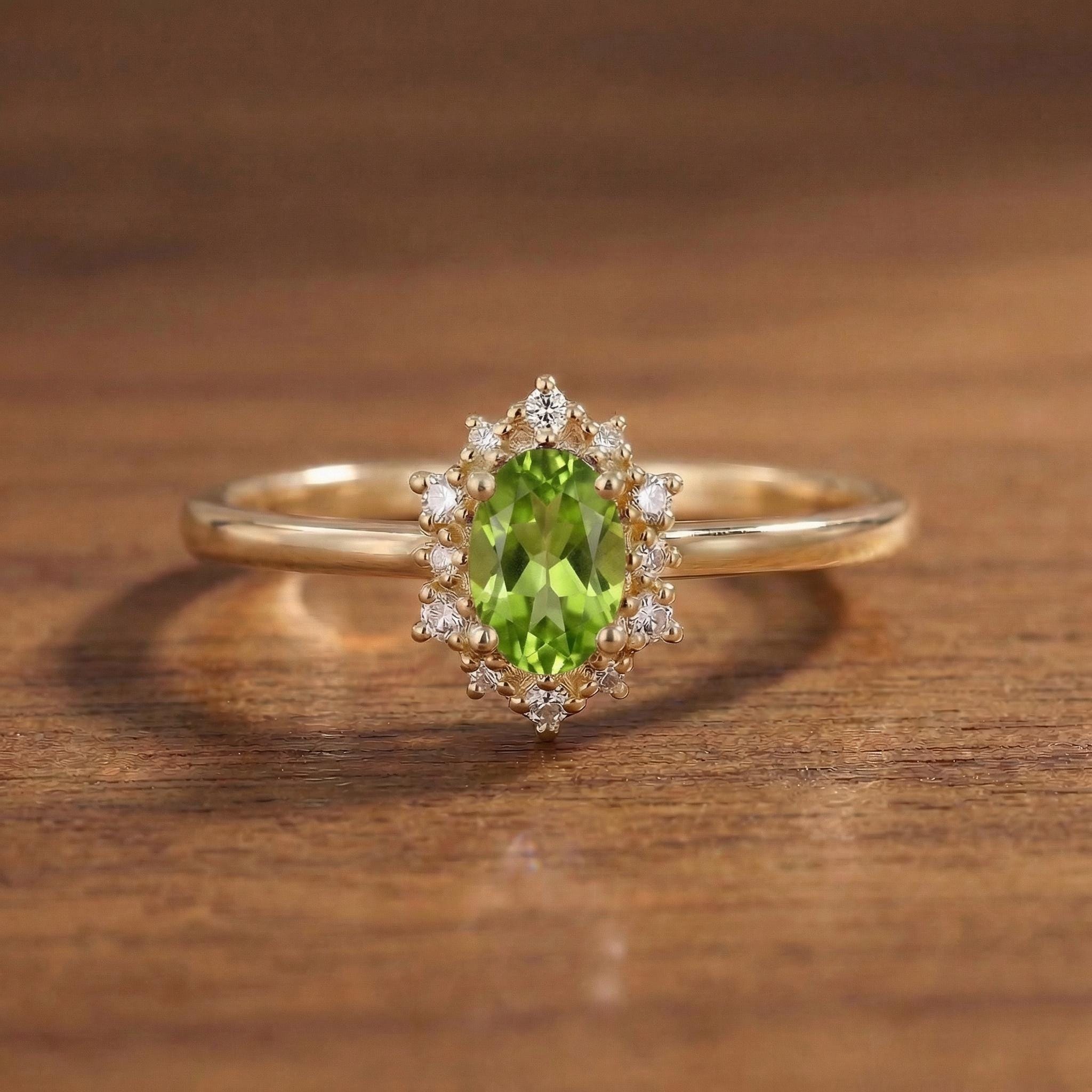 Oval Peridot Engagement Ring, Vintage Cluster Halo Promise Ring, Custom Gemstone Wedding Jewelry, August Birthstone