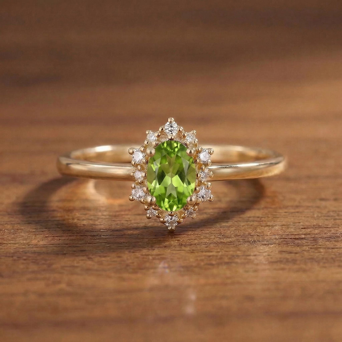 Oval Peridot Engagement Ring, Vintage Cluster Halo Promise Ring, Custom Gemstone Wedding Jewelry, August Birthstone