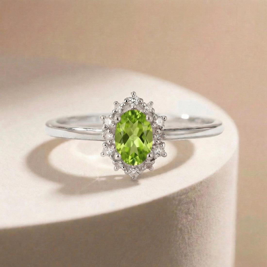 Oval Peridot Engagement Ring, Vintage Cluster Halo Promise Ring, Custom Gemstone Wedding Jewelry, August Birthstone