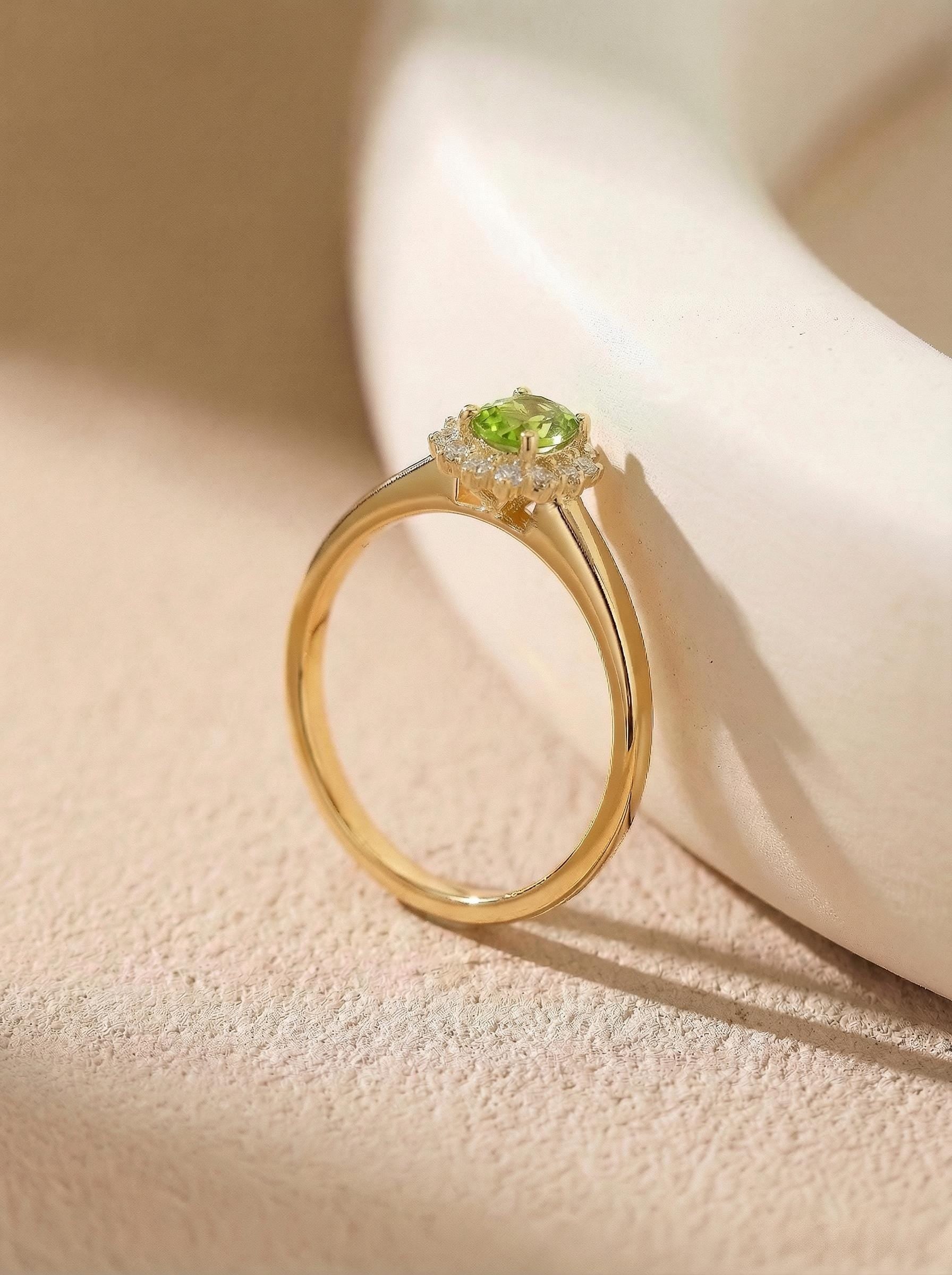 Oval Peridot Engagement Ring, Vintage Cluster Halo Promise Ring, Custom Gemstone Wedding Jewelry, August Birthstone