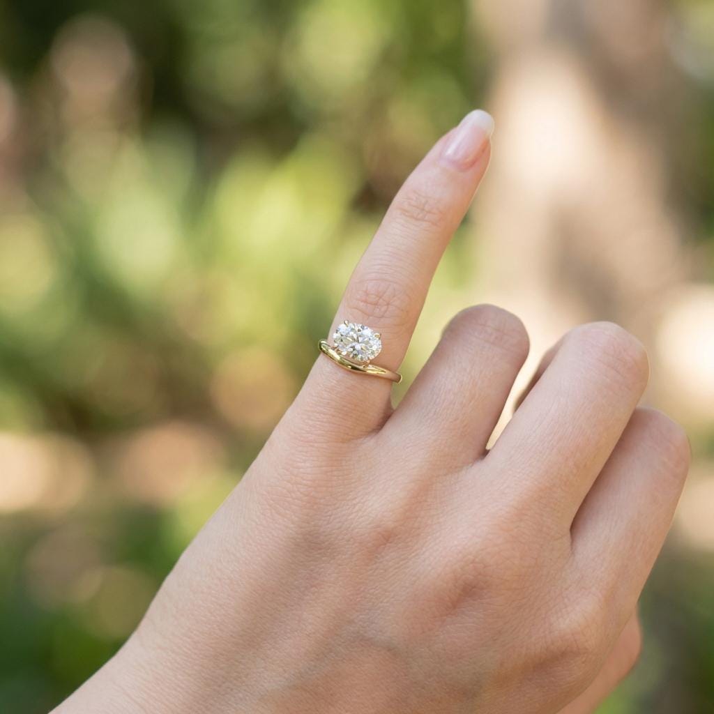 Oval Moissanite East West Pinky Ring, 14K Gold 1.25CT Oval Cut Solitaire Ring, Unique Dainty Promise Ring, Travel Ring