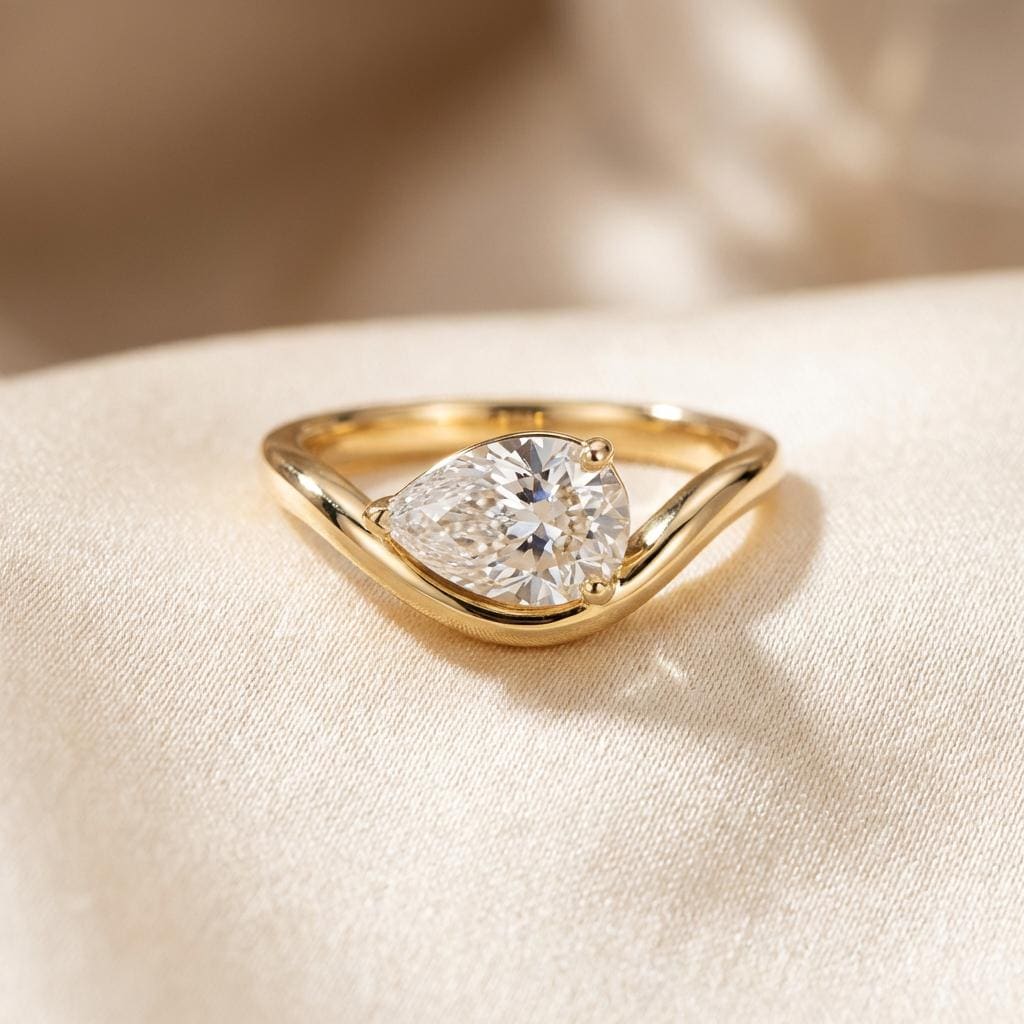 Pear Moissanite East West Pinky Ring, 14K Gold 1.25CT Tilted Pear Promise Ring For Travel Ring