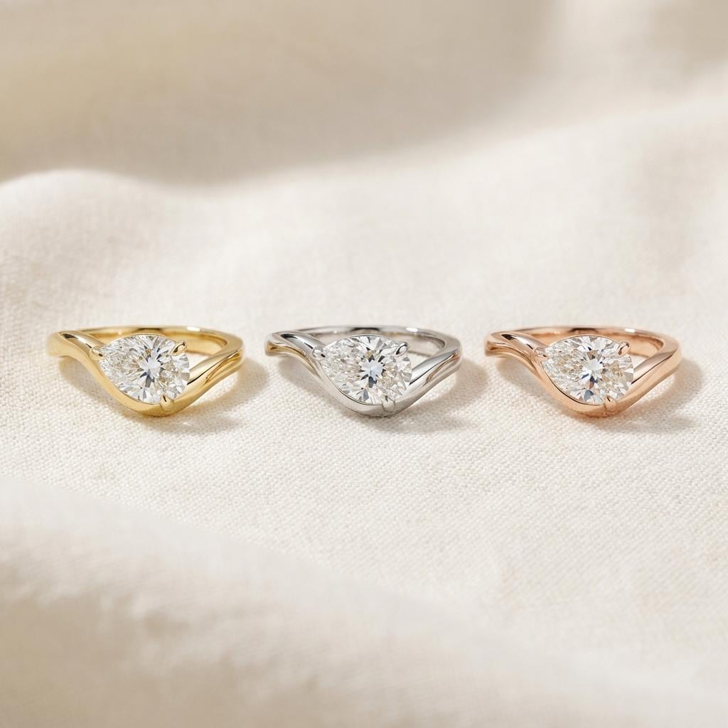 Pear Moissanite East West Pinky Ring, 14K Gold 1.25CT Tilted Pear Promise Ring For Travel Ring