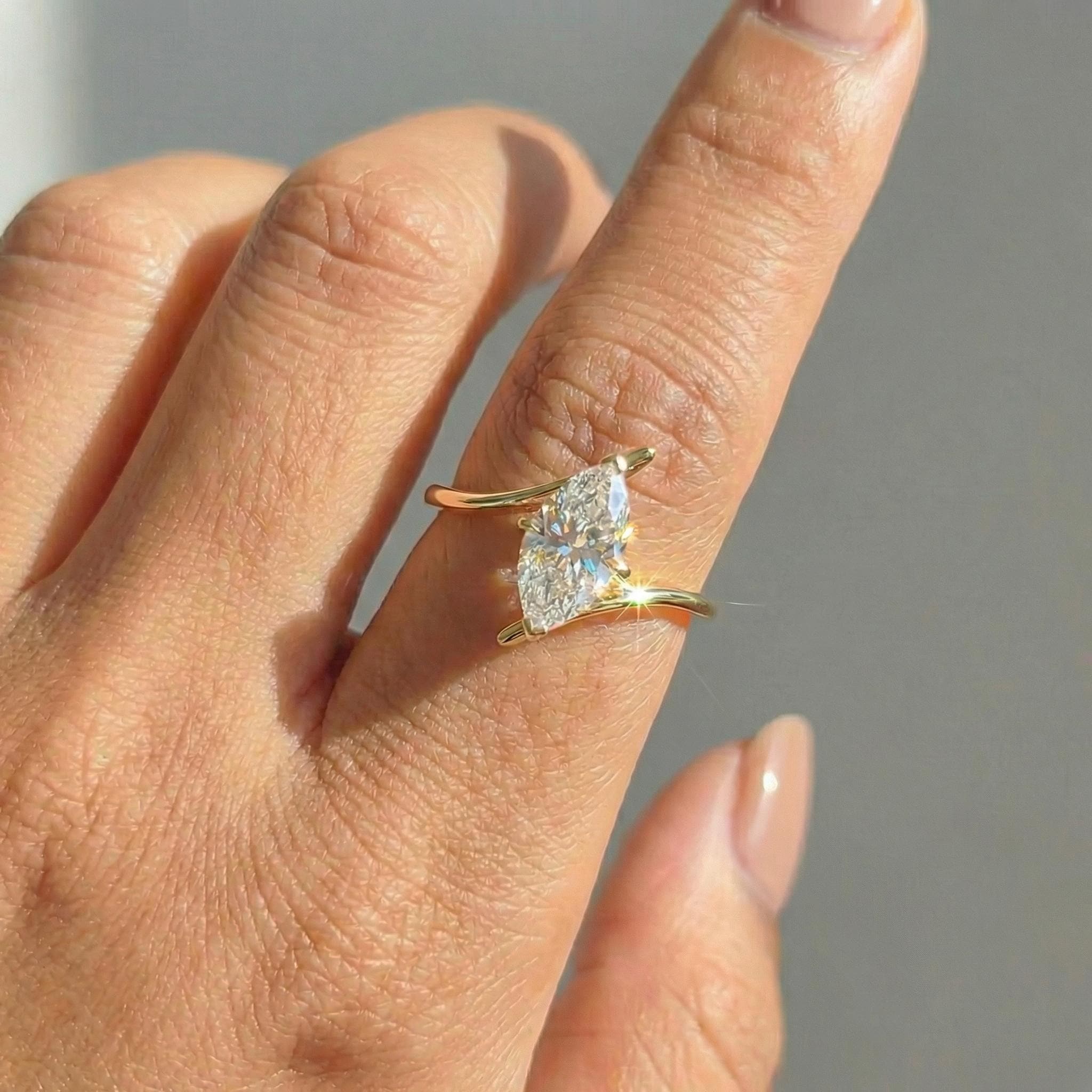 1.5ct Marquise Moissanite Solitaire Ring, 14K Gold Marquise Engagement Ring, Unique Curved Bypass Promise Ring