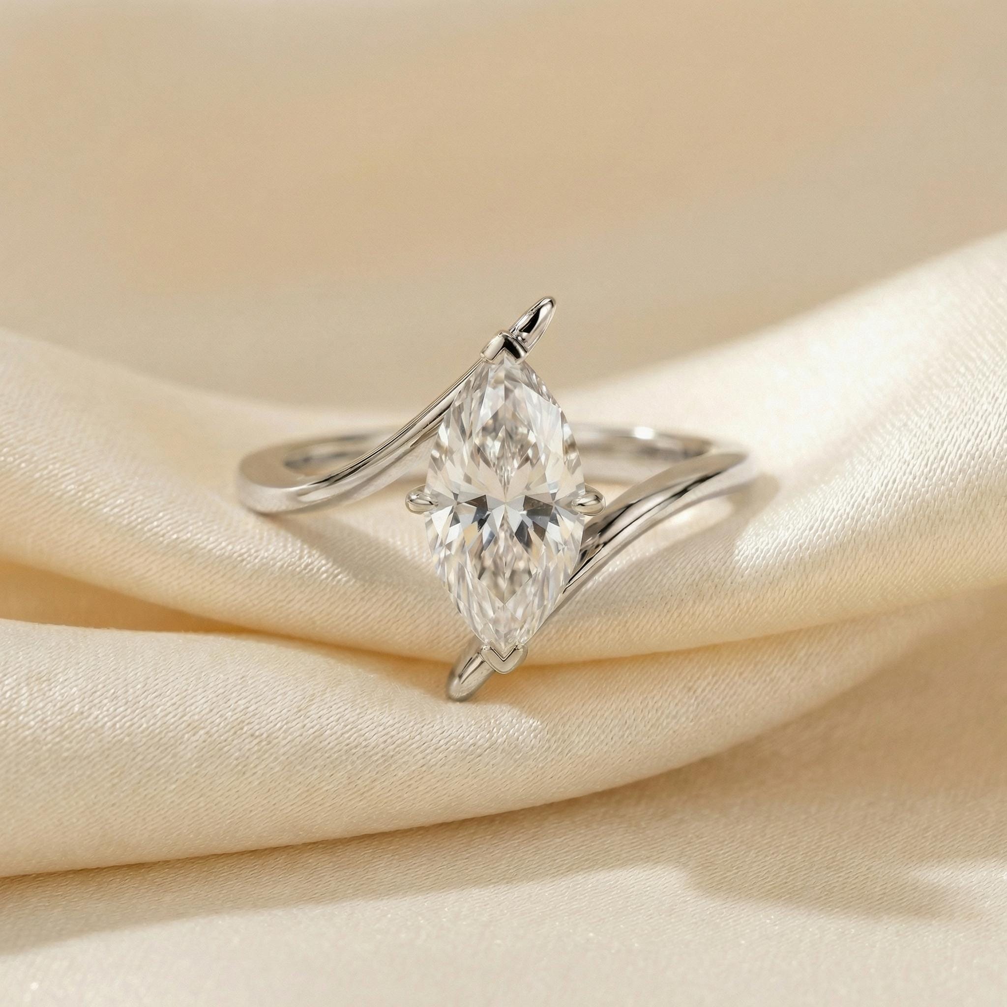 1.5ct Marquise Moissanite Solitaire Ring, 14K Gold Marquise Engagement Ring, Unique Curved Bypass Promise Ring