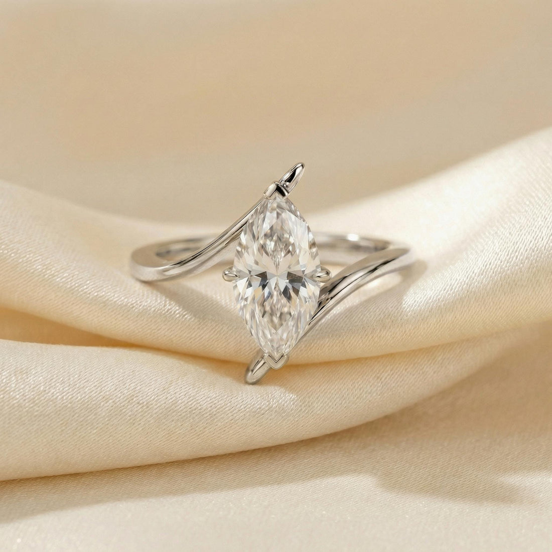 1.5ct Marquise Moissanite Solitaire Ring, 14K Gold Marquise Engagement Ring, Unique Curved Bypass Promise Ring