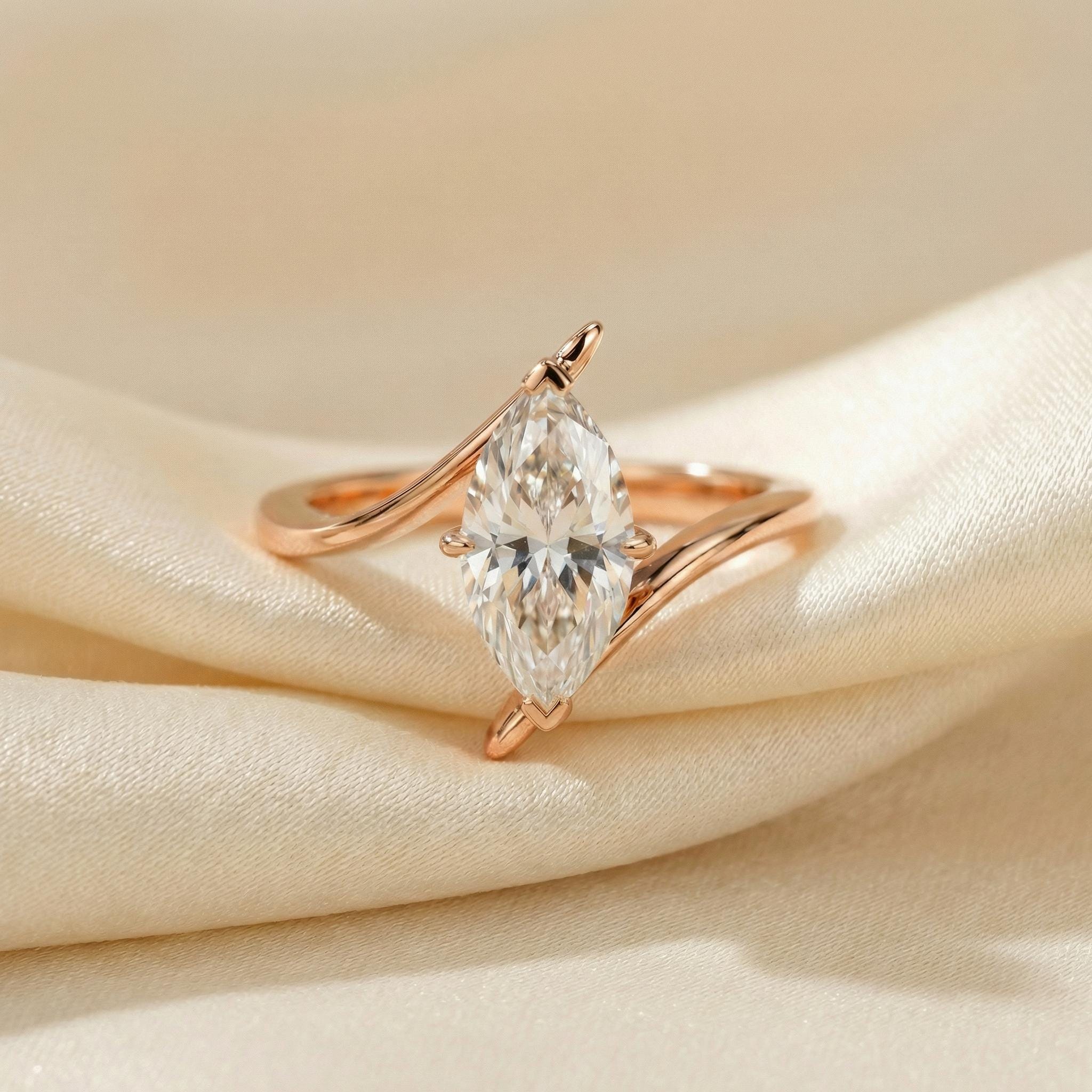 1.5ct Marquise Moissanite Solitaire Ring, 14K Gold Marquise Engagement Ring, Unique Curved Bypass Promise Ring