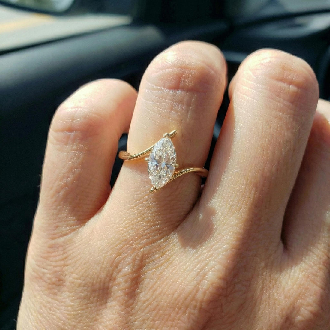 1.5ct Marquise Moissanite Solitaire Ring, 14K Gold Marquise Engagement Ring, Unique Curved Bypass Promise Ring