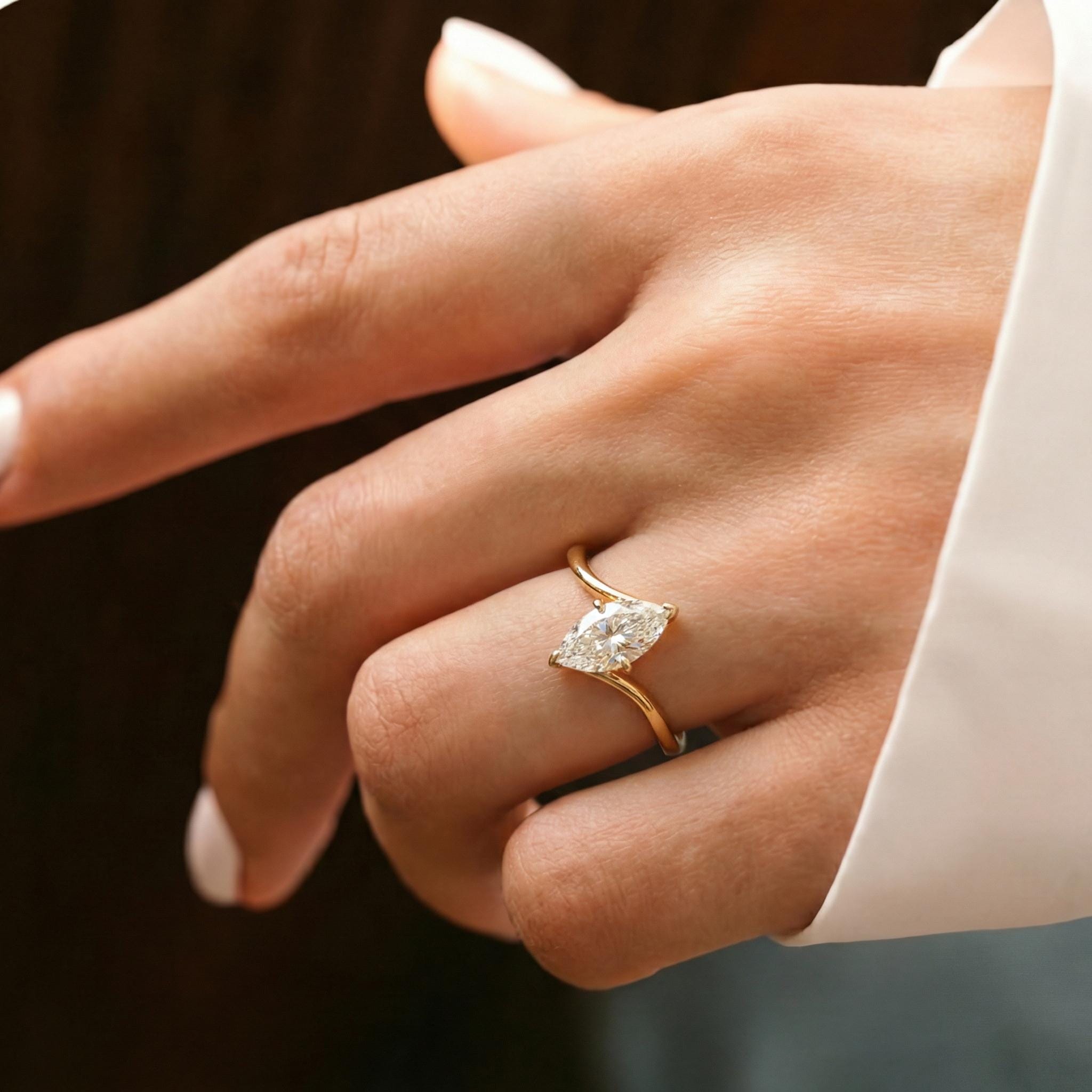 1.5ct Marquise Moissanite Solitaire Ring, 14K Gold Marquise Engagement Ring, Unique Curved Bypass Promise Ring
