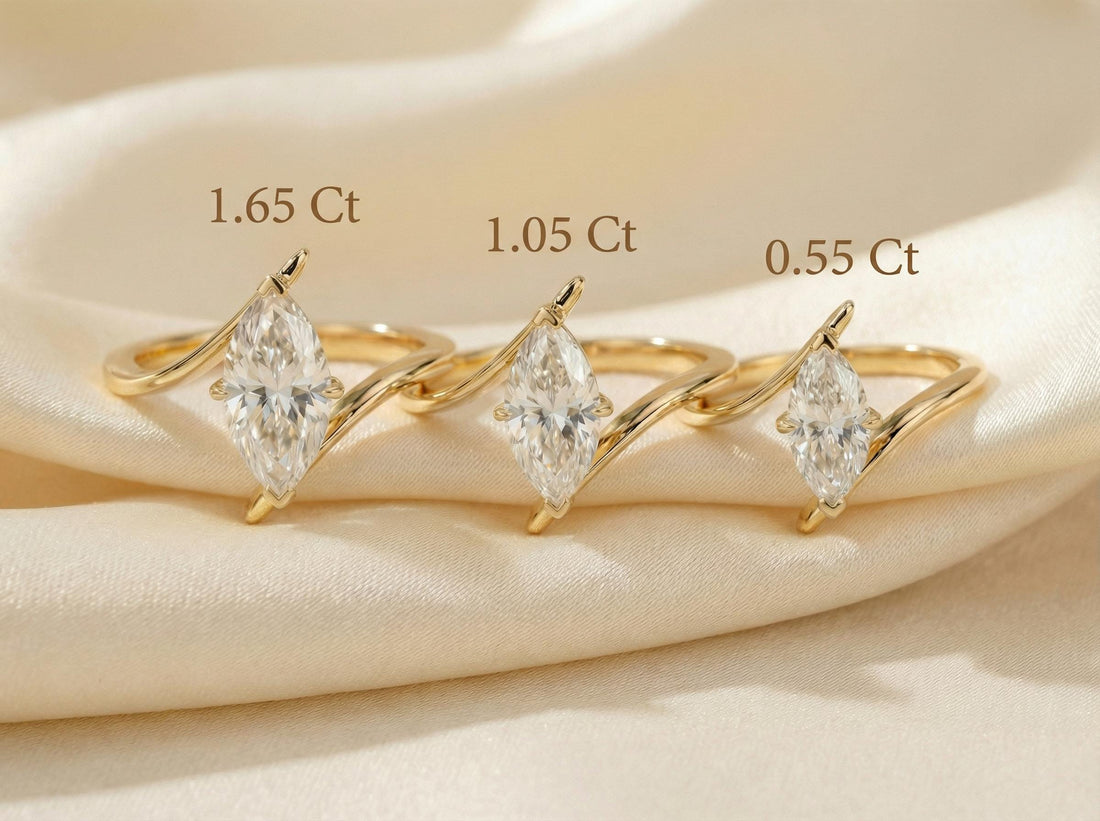 1.5ct Marquise Moissanite Solitaire Ring, 14K Gold Marquise Engagement Ring, Unique Curved Bypass Promise Ring