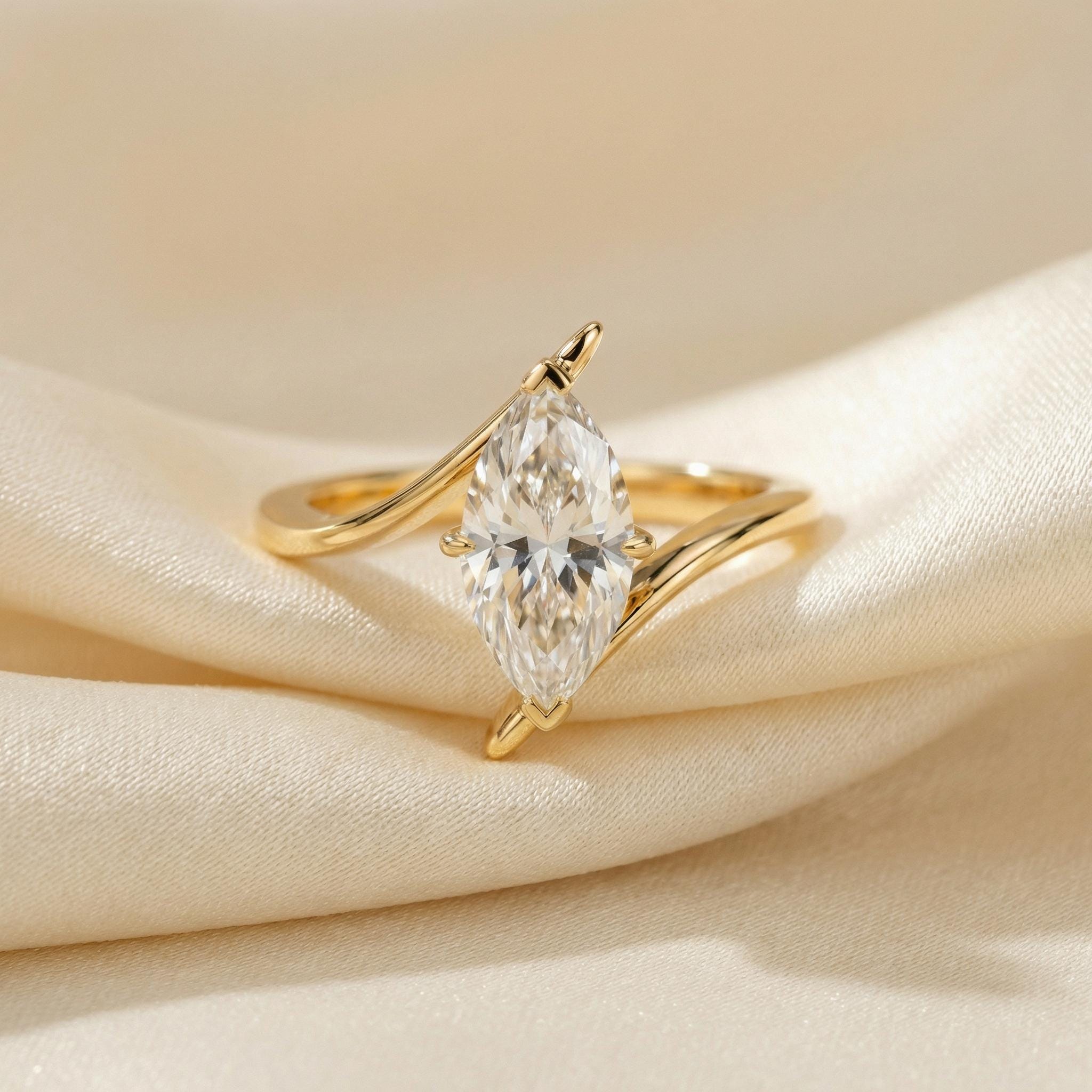 1.5ct Marquise Moissanite Solitaire Ring, 14K Gold Marquise Engagement Ring, Unique Curved Bypass Promise Ring