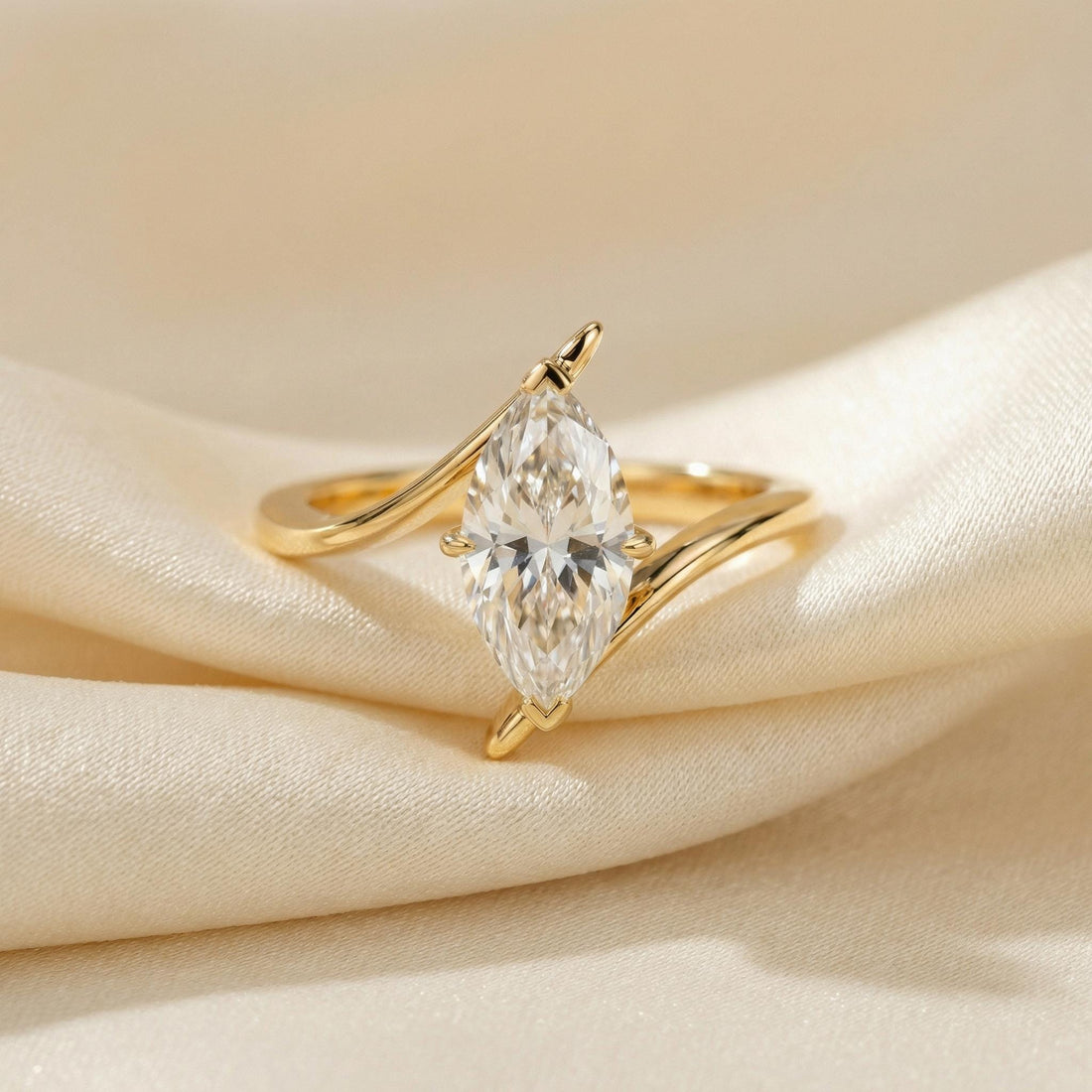 1.5ct Marquise Moissanite Solitaire Ring, 14K Gold Marquise Engagement Ring, Unique Curved Bypass Promise Ring