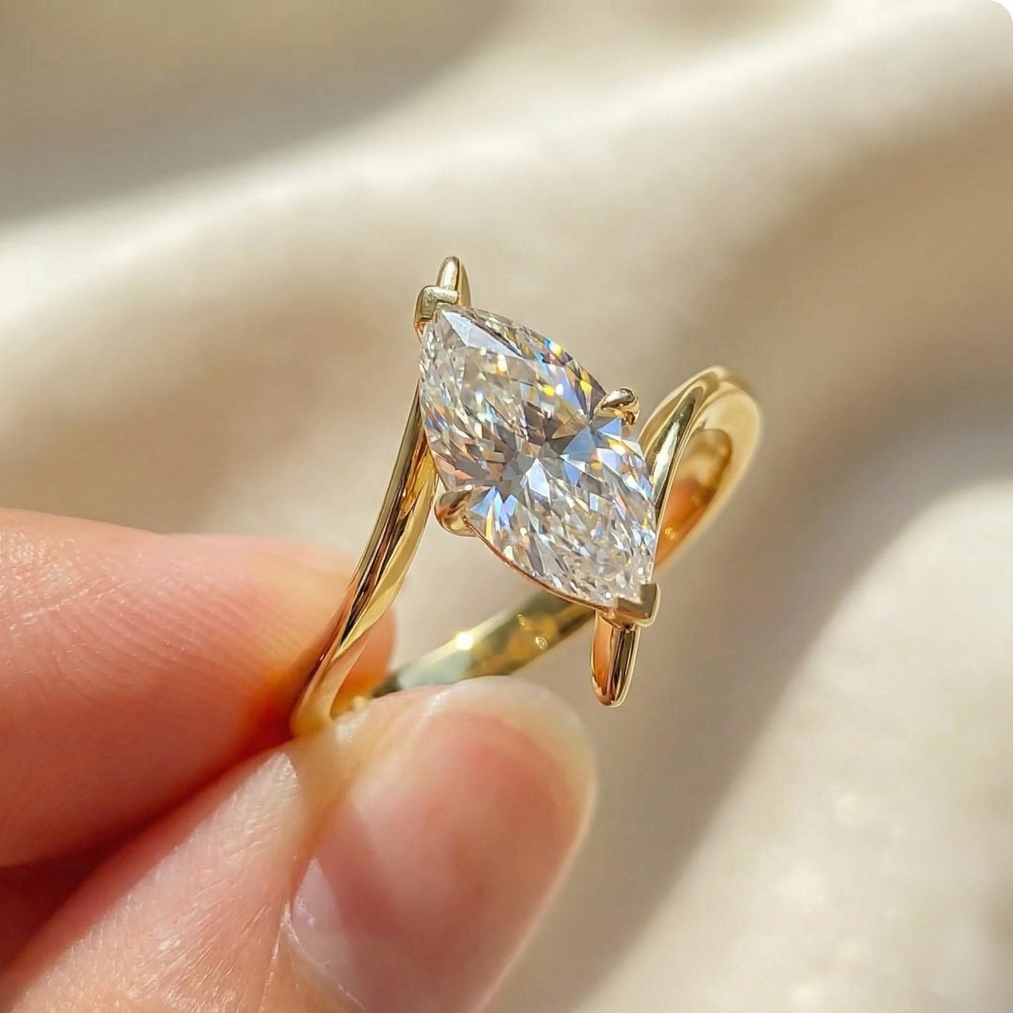 1.5ct Marquise Moissanite Solitaire Ring, 14K Gold Marquise Engagement Ring, Unique Curved Bypass Promise Ring