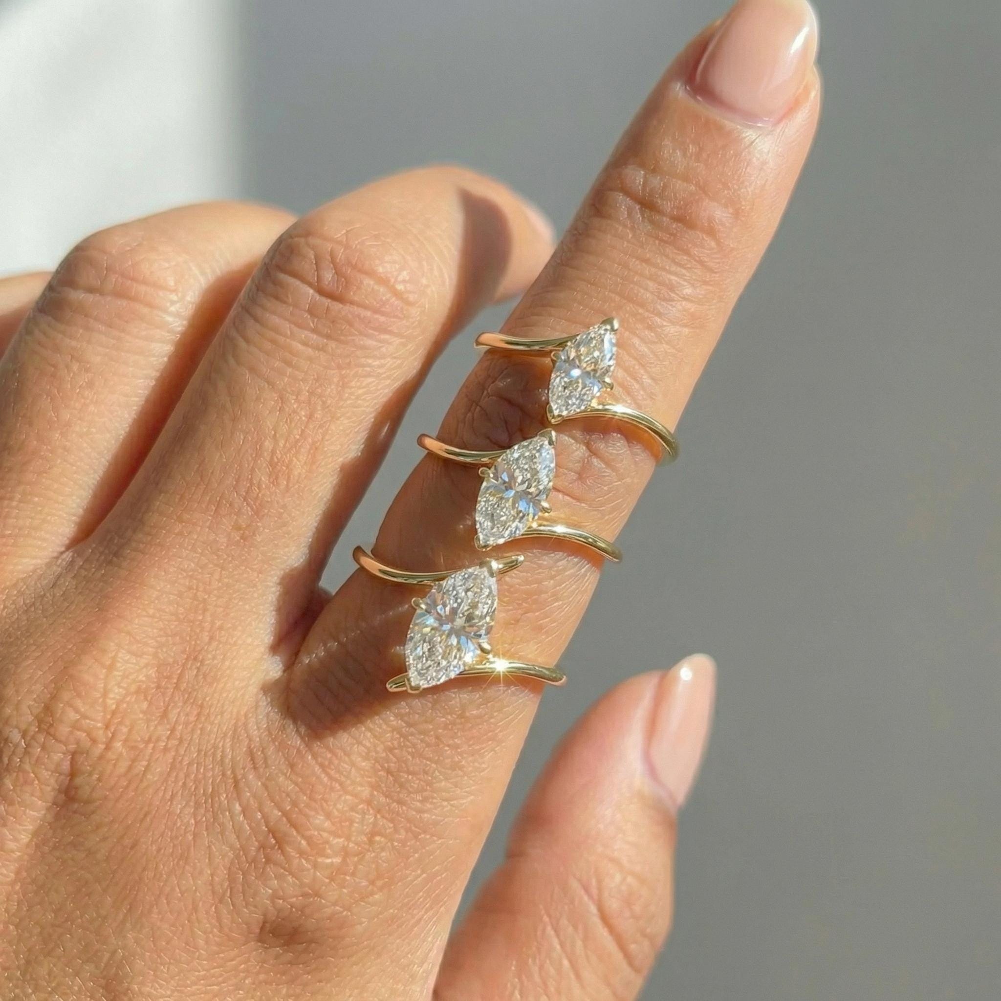 1.5ct Marquise Moissanite Solitaire Ring, 14K Gold Marquise Engagement Ring, Unique Curved Bypass Promise Ring