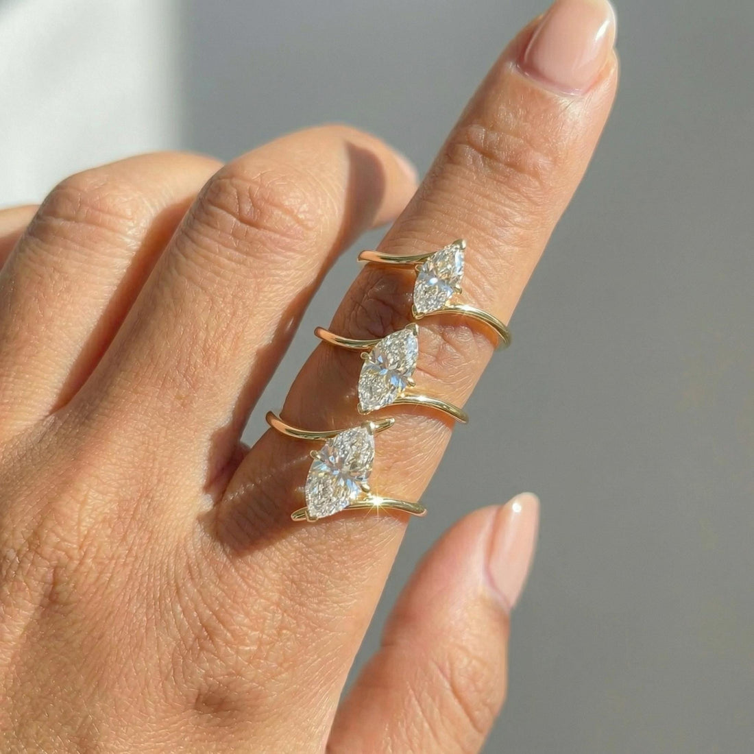 1.5ct Marquise Moissanite Solitaire Ring, 14K Gold Marquise Engagement Ring, Unique Curved Bypass Promise Ring