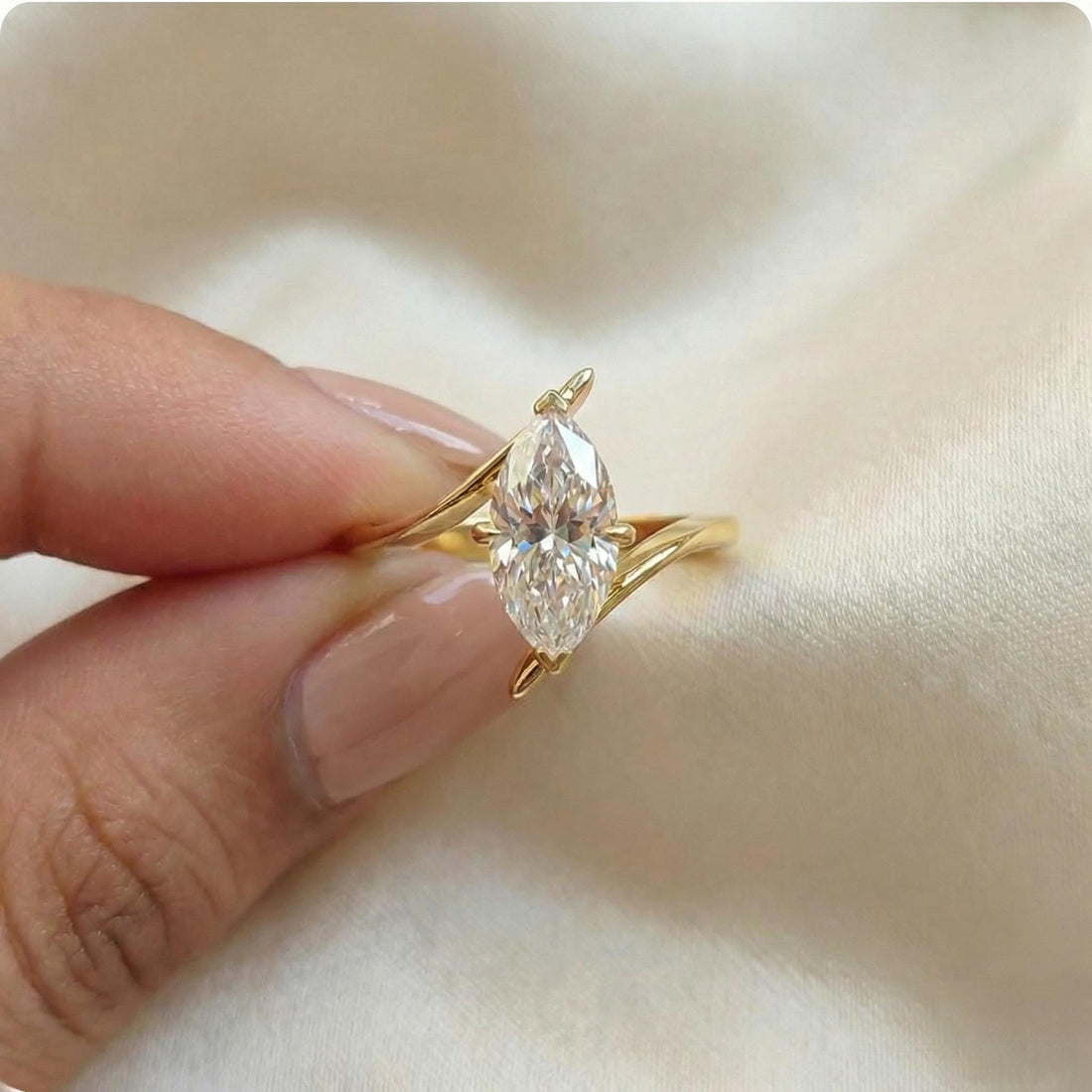 1.5ct Marquise Moissanite Solitaire Ring, 14K Gold Marquise Engagement Ring, Unique Curved Bypass Promise Ring