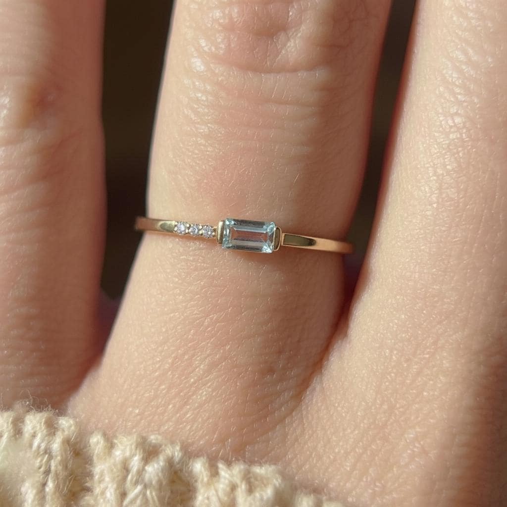 Dainty Baguette Aquamarine Ring, Minimalist March Birthstone Ring, Mother's Day Gift, March Birthday Gift For Wife