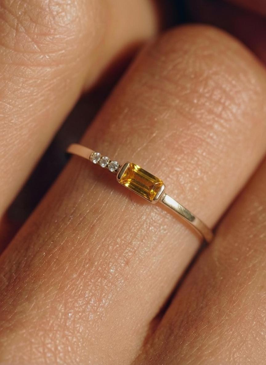 Dainty Baguette Yellow Sapphire Ring, Minimalist Sweet 16 Jewelry Stackable Ring Birthstone Gifts
