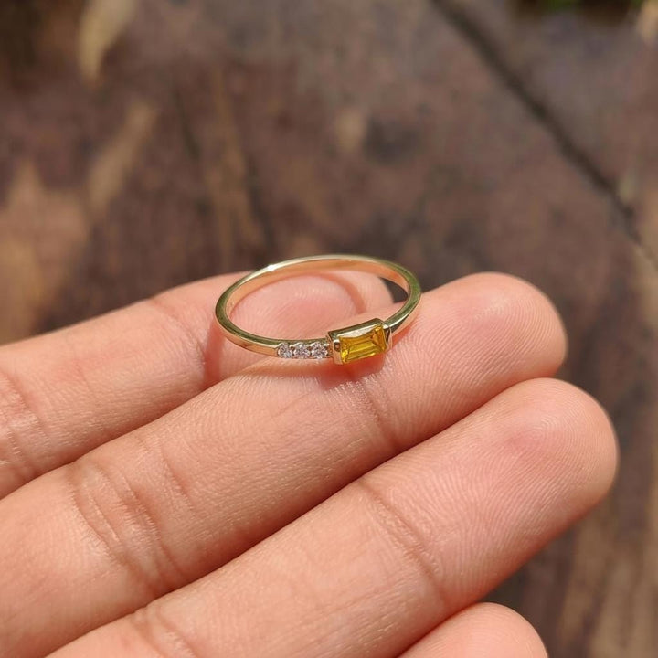Dainty Baguette Yellow Sapphire Ring, Minimalist Sweet 16 Jewelry Stackable Ring Birthstone Gifts